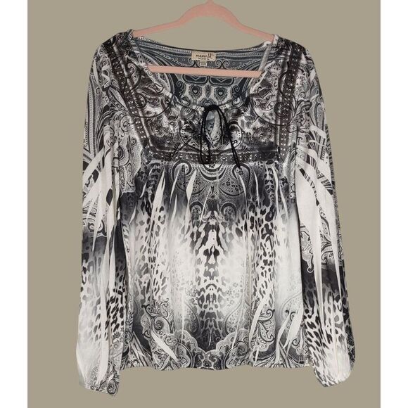 One World Womens Boho Beaded Black, Gray, & White Long Sleeve Top Size Large - Picture 1 of 8